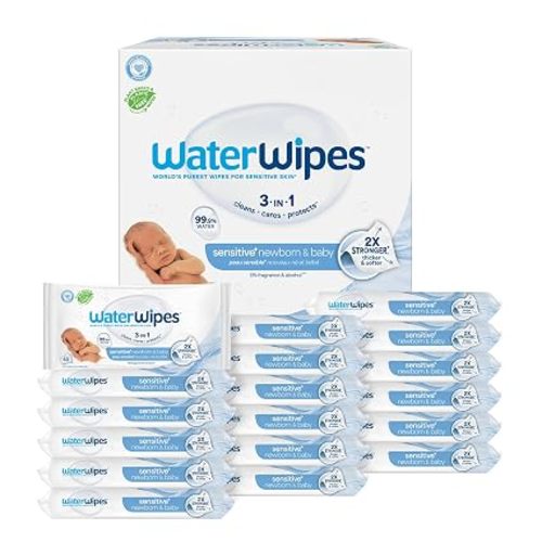 WaterWipes Sensitive+ Newborn & Baby Wipes, 3-In-1 Cleans, Cares, Protects, 99.9% Water, Unscented & Hypoallergenic, 720 Count (12 Packs)