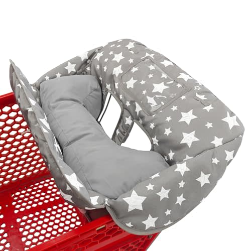 Love&go Soft Pillow Attached 2-in-1 Shopping Cart and High Chair Cover for Baby, Cotton Padded Cart Cover, Fold'n Roll Style, Portable with Carry Bag (Gray Stars)