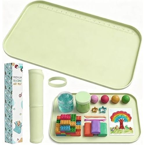 AWOKE 24"x16" Silicone Mats for Crafts 0.7" High Edges, Large Leak-Proof Art Mat for Resin, Painting, Clay, Slime, Non-Stick & Non-Slip Table Protector for Kids & Adults, Easy to Clean (Green)