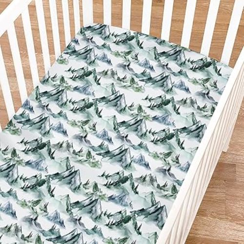 Watercolor Green Mountains Landscape Fitted Baby Crib Sheets Boy Girl 52"x28" Misty Forest Mountain Trees Crib Mattress Covers Soft Breathable Baby Sheets for Standard Crib and Toddler Mattress