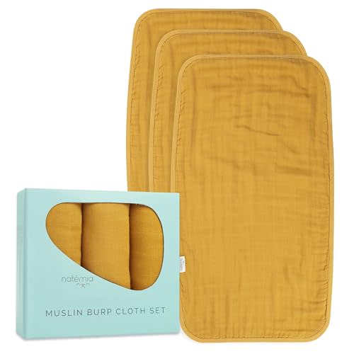 Natemia Ultra Soft Muslin Burp Cloths – Large, Super Absorbent Baby Burp Cloths for Newborn Spit Up - Machine Washable for Drool and Messes Essentials for Boys & Girls, 3 Pack