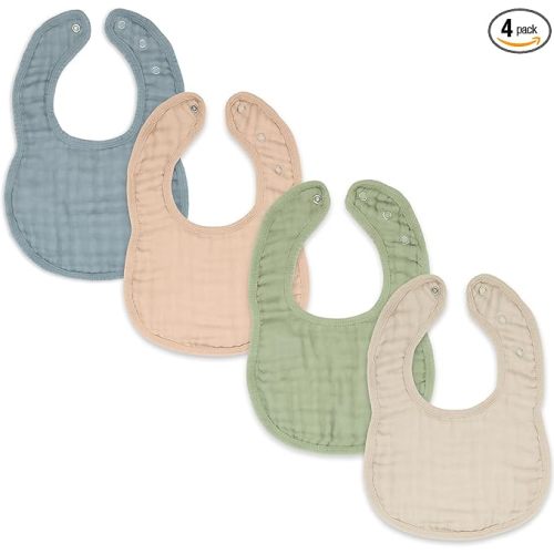 Comfy Cubs Muslin Baby Bibs, Pack of 4 - Soft and Highly Absorbent, Feeding, Teething and Drool Bib, Adjustable Snaps - Stylish & Colorful Unisex Designs, Giftable Set - Multicolor