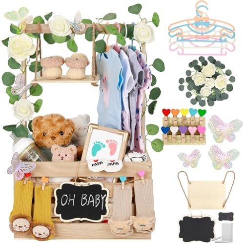 Wooden Baby Shower Crate Closet with Handle, Hangers & Garland, Large Capacity Baby Basket for Baby Shower, Customizable Wooden Crate Box Newborn Parents Welcome Gift (Natural Wood)
