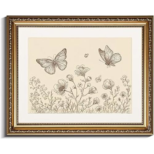 InSimSea Gold Picture Framed Wall Art, Vintage Butterflies Nursery Wall Decor, Neutral Wildflowers Botanical Canvas Print Art, Home Farmhouse Decor, Antique Paintings with Frame 13x16inch