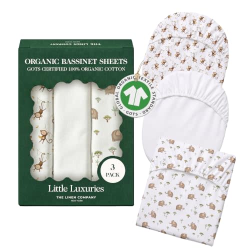 100% Organic Cotton Bassinet Sheets, 33" x 20", Safari, 3-Pack | GOTS Certified, Soft Breathable Percale Weave, Universal Fits Standard Oval & Rectangular Mattress - for Boys & Girls