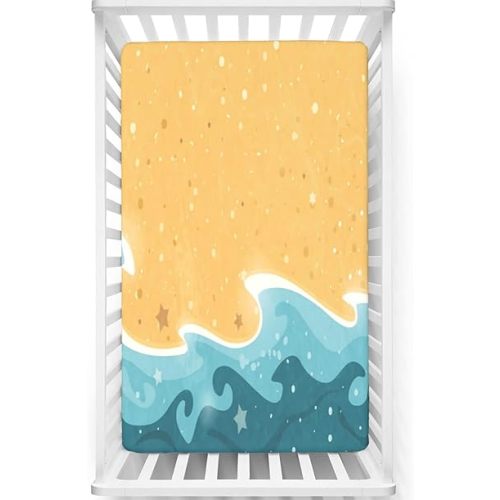 Graphic Beach Themed Fitted Mini Crib Sheets,Portable Mini Crib Sheets Soft & Stretchy Fitted Crib Sheet-Crib Mattress Sheet or Toddler Bed Sheet,24“ x38“,Sand Brown Pale Petrol Blue Sea Blue