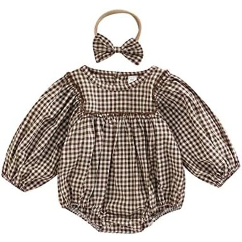 Douhoow Infant Baby Girl Plaid Romper Baby Sweatshirt Romper Ruffle Festival Clothes Fall Winter Outfits with Headband