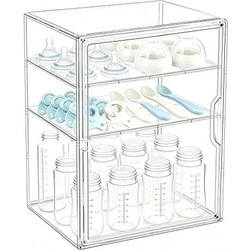 Baby Bottle Storage Organizer for Countertop, 3 Tiers Clear Acrylic Baby Bottle Station Box Container, Feeding Bottles Holder with Adjustable Dividers for Kitchen Cabinet, Bathroom, New Mom Gifts