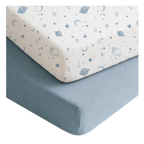 Konssy Muslin Crib Sheets for Boys, Soft Cotton Neutral Baby Sheets for Standard Crib Mattress 2 Pack, 52"x28" (Star,Blue)