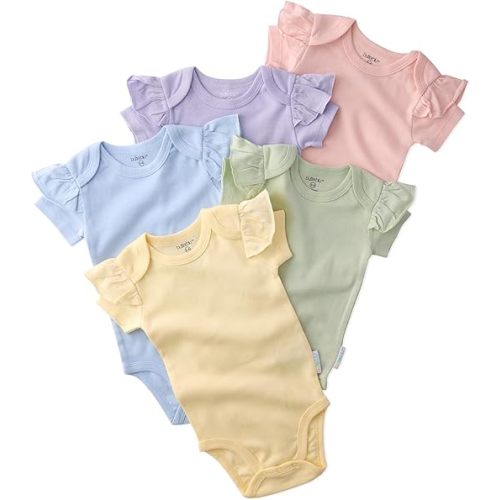 Butterblu Baby Girls' Rory 5-pack Short Sleeve Ruffle Shoulder Bodysuits 100% Organic Cotton for Baby Girls