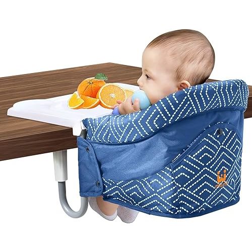 MTWML Hook On High Chair with Tray,Portable Baby High Chair That Attaches to Table,Clip On Fast Table Seat for Babies and Toddlers.Baby Feeding Seat for Dining Tables and Counter(Stripe-Blue)