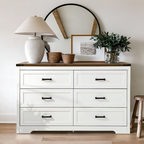 Millwood Pines Emryss 6-Drawer Dresser 54"W Double Dresser With Rustic Top Panel & Reviews | Wayfair