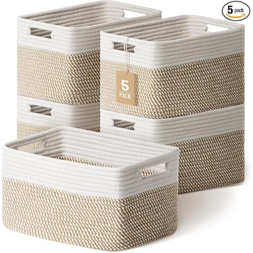 5 Pack Woven Storage Baskets for Shelves, Decorative Basket Organizer Storage Bins for Toys, Books, Clothes, Closet, Nursery, Bathroom – Cotton Rope Shelf Baskets for Organizing, Khaki & White