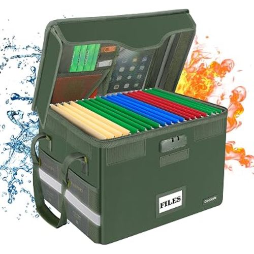 DocSafe Fireproof Document Box with Lock,File Storage Organizer with Mesh Pockets＆Lid,Collapsible Portable File Box Home Office Safe Filing Cabinet with Handle for Hanging Letter/Legal Folder,Green