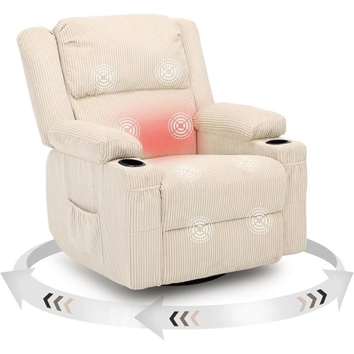 360 Degree Swivel Rocker Recliner Chair with Heat and Massage, Soft Corduroy Manual Reclining Nursery Glider with USB Port, 2 Cup Holders & 4 Storage Pockets, 400lbs Capacity (Beige)