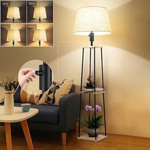 bulbeats Dimmable Floor Lamp with Shelves, 3-Tier Corner Display Standing Lamp with Fabric Shade, E26 Bulb, Storage Shelf Tall Lamp for Living Room, Bedroom, Office, Bedside