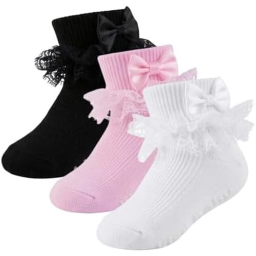 Baby Girl Ruffle Bow Socks Grips Turn Cuff Ankle Lace Frilly Socks for Newborn Infant Toddler Little Kids Dress