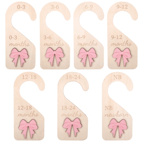 7 Pcs Wooden Closet Dividers Set - Double-Sided Pink Bow Pattern, Unisex Baby Clothes Organizers, Perfect for Baby Showers, Birthdays, Mother's Day Gifting And Nursery Organization