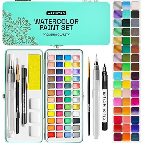 ARTISTRO Watercolor Paint Set Portable, Palette Set with Metallic Colors for Workbooks - Mini Travel Painting Kit for Artists, Professionals, Adults, Kids, Girls&Boys - Art Supplies, Christmas Gift