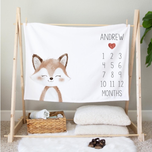 Personalized Fox Baby Milestone Blanket – Custom Name Woodland Nursery Blanket – Monthly Photo Blanket 1-12 Months – Baby Shower Gift