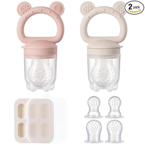 2 Pack Silicone Baby Fruit Feeder with Mini Freezer Tray, Breastmilk Popsicle Molds for Baby Teething Relief, Fresh Food Feeder for Safe Infant Self Feeding, Extra Food Pouches - Pink
