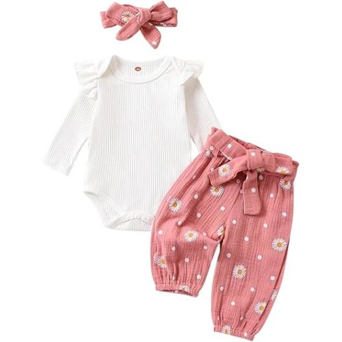 Newborn Baby Girl Clothes Rib Knit Romper Daisy Print Pants Infant Girl Outfit with Headband