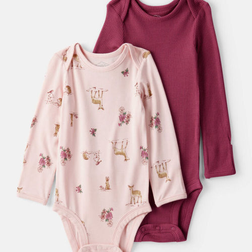 Pink Baby Girl 2-Pack Deer & Floral Print PurelySoft Long-Sleeve Multipack Bodysuits - Red/Pink | Carter’s Oshkosh Canada