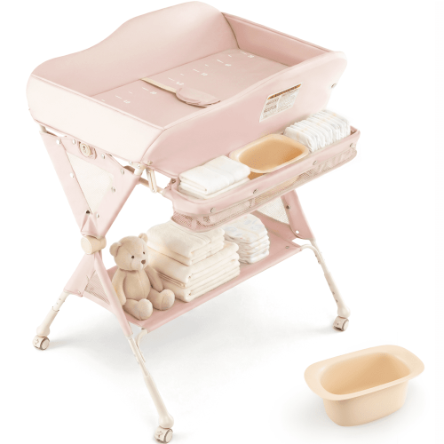 INFANS Baby Changing Table with Wheels, Portable Folding Diaper Station Nursery Organizer with Storage Basket, Hanging Rack, Adjustable Height, Safety Belt for Newborn Infant