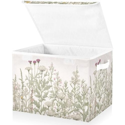 Vintage Colorful Herbs and Wild Flowers Floral Storage Bins with Lids and Carrying Handle,Foldable Storage Boxes Organizer Containers Baskets Cube with Cover for Home Bedroom Closet Office