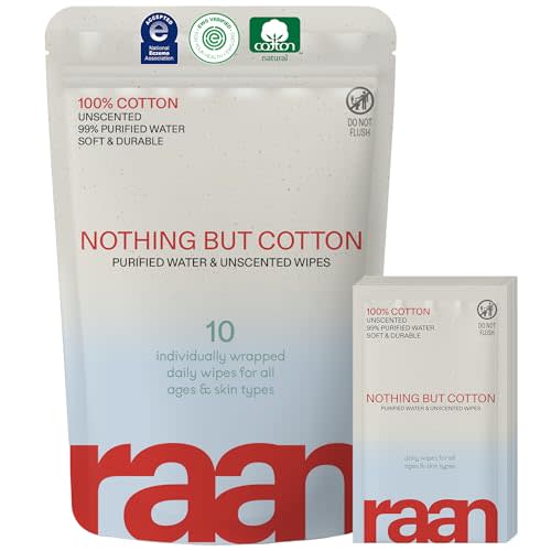 Raan, 100% Cotton, 99% Purified Water, Face and Body Cleansing Wipes, Fragrance Free, Unbleached, Hypoallergenic, EWG Verified, Plastic and Tree Free, Individually Wrapped, 10 Count