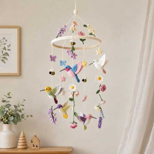 Hummingbird Mobile Nursery Bird Mobile, Flower Crib Mobile Girl Rose Lavender Nature Baby Mobile Girl Tropical Garden Decorations