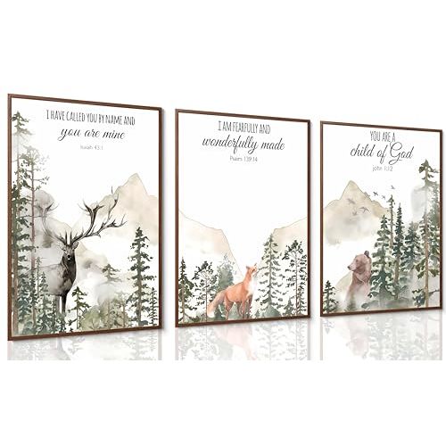 Esejchiam 3pcs Forest Animals Bible Verse Wall Art 12x16 inches Unframed | Misty Forest Deer Bear Fox Canvas Prints Poster Inspirational Quotes Pictures,Home Bedroom Nursery Baby Room Playroom Decor