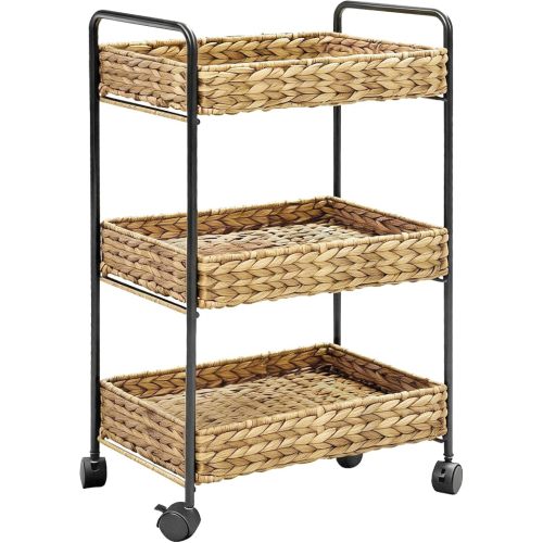 3-Tier Wicker Rolling Storage Cart, 30×15×11 Inch Water Hyacinth Utility Cart with Metal Frame & Lockable Wheels , Versatile Home Organizer for Nursery, Bathroom, Kitchen and Craft Room (Natural)