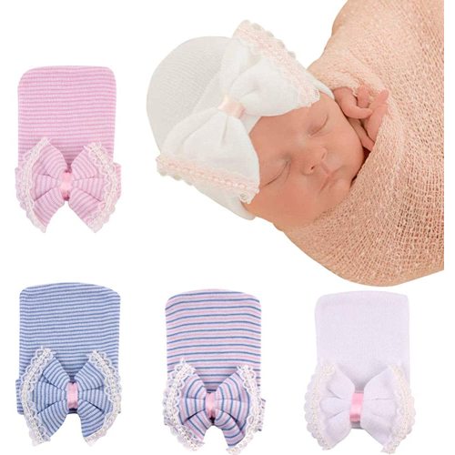 Newborn Hospital Hat Infant Baby Hat Caps with Bow Soft Cute Nursery Beanie Hat