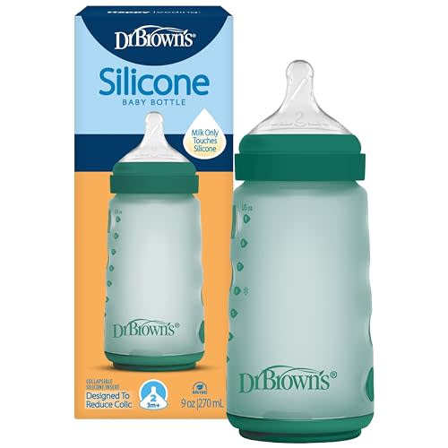 Dr. Brown's Silicone Baby Bottle, 9 oz, Level 2 Nipple, 3m+, Green, 1-Pack | Silicone baby bottle with collapsible insert designed to reduce colic, milk only touches silicone, Wide-Neck nipple