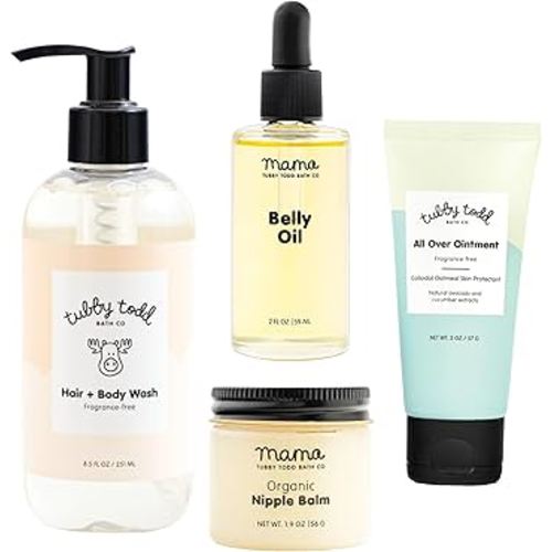 Tubby Todd New Baby & Mom Sensitive Skincare Kit - The Mama + Baby Gift Set - Baby Shampoo and Body Wash 8.5 Oz, All Over Ointment 2 Oz, Belly Oil 2 Fl Oz & Nipple Balm 1.9 Oz - Fragrance-Free