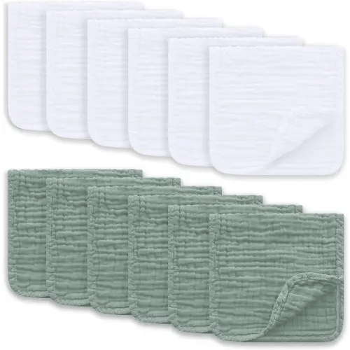 Muslin Burp Cloths Large 100% Cotton Hand Washcloths for Boys & Girls, Baby Essentials Extra Absorbent and Soft Burping Rags for Newborn Registry (White & Green, 12-Pack, 20" X10")