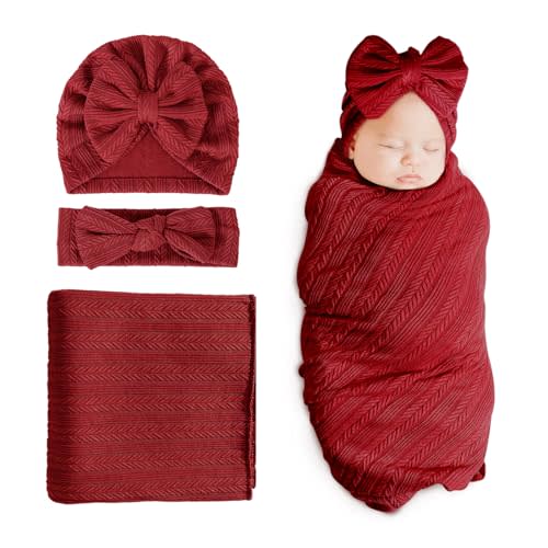 DRESHOW BQUBO Newborn Receiving Blanket Toddler Warm for Girls with Bow Hat and Bow Headband Shower Gift