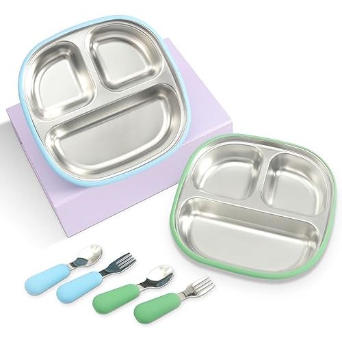 LYA Stainless Steel Suction Plates for Baby - Food Grade Stainless Steel Baby Feeding Set with Removable Silicone Wrap - 2x Children’s Non-Toxic Plates with 2x Baby Spoons and 2x Forks - Blue/Mint
