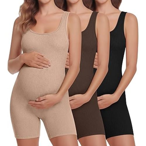 3 Pcs Maternity Rompers for Women Pregnancy Cotton Bodysuit Ribbed Shorts Jumpsuit Shapewear Workout Tank Tops