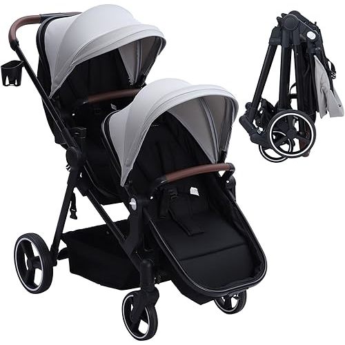 Tandem Double Stroller for Newborn and Toddler Twins, Foldable Twin Stroller with Reversible Seats, Adjustable Canopy & Backrest, 5-Point Harness, Large Storage Basket, One-Hand Fold，Light Grey