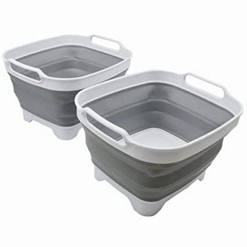 SAMMART 7.5L (2 Gallons) Set of 2 Collapsible Dishpan with Draining Plug, White/Grey