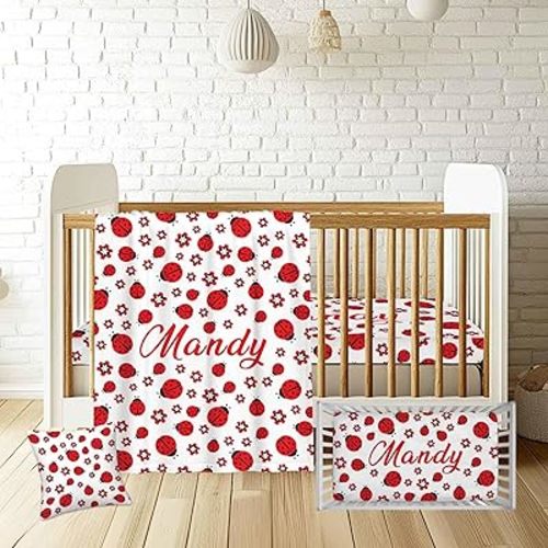 Custom Ladybug Nursery Bedding Set – Personalized Name 3-Piece Crib Set for Baby Girls, Soft Blanket, Fitted Sheet & Pillowcase – Shower Gift for Baby & Nursery Decor