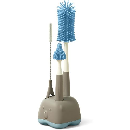 Silicone Bottle Brush Cleaning Set, Gray, Nipple Cleaner, Straw Brush, Includes Drying Rack Stand.