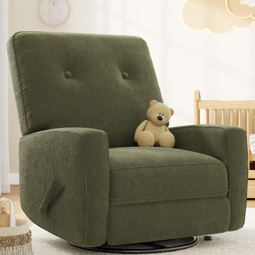 EcoSummer Recliner Chair, 360° Swivel Glider Rocker Recliner for Adults, Multi-Position Reclining Nursery Chair, Corduroy Upholstery, Olive Green – Living Room, Bedroom, Office, RV