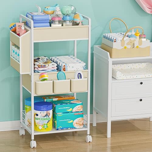 JBBTOOL 3-Tier Baby Diaper Caddy Cart with Wheels, Nursery Storage Organizer with Dividers & Pockets, Mobile Metal Utility Cart for Baby Essentials, Bedroom, Kitchen & Office