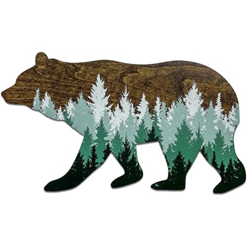 Forest Bear Wall Sign, Adventure Woodland Theme, Rustic Nursery Decor, Man Cave Home Bedroom Cabin Office House Art Decorations, Hickory Hollow Designs… (Dark Walnut/Green Pine Trees)