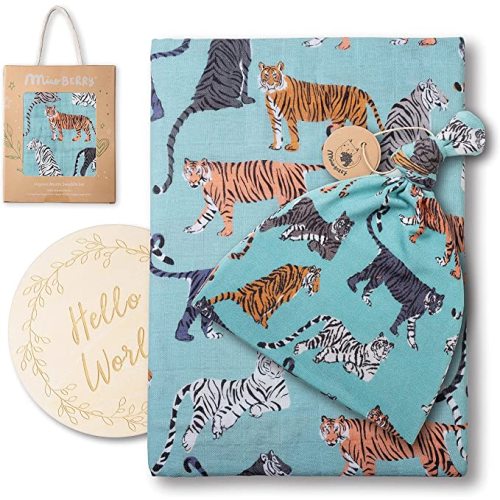 Miaoberry 100% Organic Cotton Baby Muslin Swaddle Blanket Set|Tiger in Teal| Gender Neutral for Boys Girls| Hospital Home Coming Receiving Blanket |Newborn Unisex