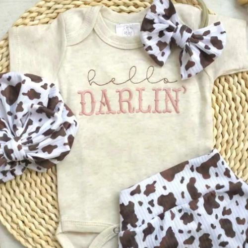 Baby Girl Cowgirl Outfit | Hello Darlin Oatmeal Beige Bodysuit With Co – Wonderfully Made