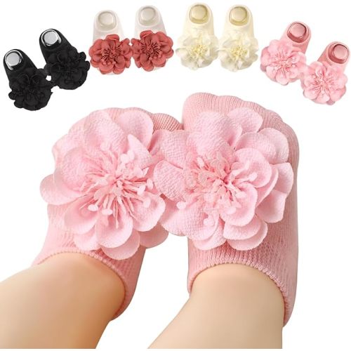 Baby Girl Socks with Non-Slip Grips, 4 Pairs Cute Soft Cotton Breathable Flower Infant Ankle Socks for Newborn